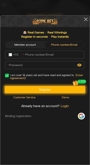 92PK BET Game Register